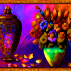 Colorful still life with lantern, flowers, and bowls on purple background