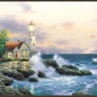 Tranquil sunset seascape with lighthouse on rocky shore