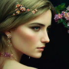 Portrait of Woman with Floral Headpiece and Earrings on Dark Background