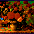 Colorful still life with orange flowers, vases, and fruits on draped table