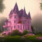 Pink castle-like house in lush forest with blooming flowers