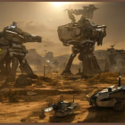 Futuristic vehicles and robots on Mars-like terrain with hazy sky