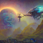 Futuristic sci-fi landscape with spaceship and giant planets