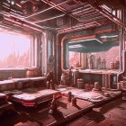 Futuristic spaceship interior with cityscape view and machinery.