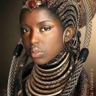 Regal woman adorned in intricate golden jewelry and peacock feather headdress on warm backdrop