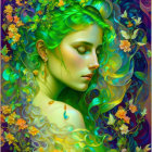 Colorful Digital Artwork: Woman with Green Skin and Floral Adornments