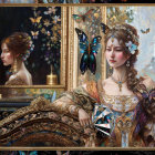 Detailed painting of woman with jewelry and butterfly in golden frame