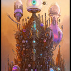 Surreal artwork: otherworldly figure with large eyes amid gears, spires, orbs,