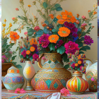 Colorful Flower Arrangement with Ornate Vases on Patterned Background