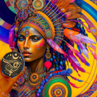 Colorful digital artwork of woman with tribal makeup and headdress holding mystical ornament