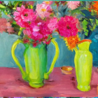 Colorful Still Life Painting with Pink Flowers and Vases