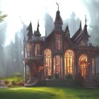 Victorian-style house in misty forest with intricate woodworking and colorful flora