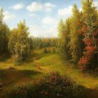 Tranquil landscape painting: sunlit meadow with winding path