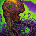 Detailed Golden-Faced Mechanical Creature in Purple and Green Nebulous Background