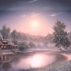 Tranquil Sunset Landscape with Cabin, Lake, Trees, Flowers, and Boat