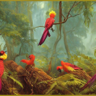 Vibrant tropical birds in lush forest with sunlight.