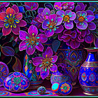 Colorful Flowers and Ornate Vases on Dark Floral Background