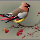 Vibrant bird with crest on branch among red berries in soft backdrop