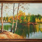 Framed autumn landscape painting with birch trees, reflective lake, fall foliage, serene forest.