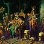 Fantasy scene with three characters in ornate costumes, skulls, foliage, and citrus fruits