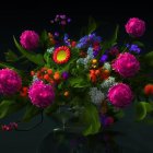 Colorful Flower Bouquet in Ornate Bronze Vase on Dark Background