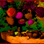 Colorful Still Life with Ornate Vases and Flowers in Dramatic Lighting