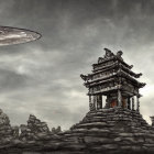 Ancient Pagoda Among Stone Pillars with Flying Saucers in Dramatic Sky