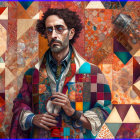 Portrait of a bearded man with glasses holding a violin against colorful pattern.