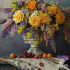 Colorful Still Life Painting: Flowers in Golden Vase, Peaches on Table