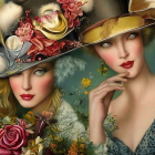 Colorful artwork featuring two stylized women with intricate hats and makeup, surrounded by floral and butterfly motifs