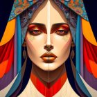 Stylized digital portrait of woman with ornamental headgear and bold makeup