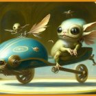 Detailed illustration of robot on futuristic scooter with flying companion