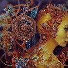 Surreal profile view of a woman with mechanical gears and cosmic elements.