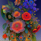 Colorful Flower-filled Vase on Blue Background