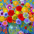 Multicolored Flowers in Decorative Vase on Blue Background