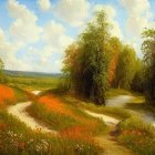 Tranquil rural scene with dirt path, green trees, autumn hues, and blue sky