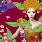 Illustrated female figure with golden headgear and dragon-inspired makeup in vibrant floral mosaic setting