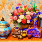 Colorful Flower Bouquet, Golden Teapot, and Metallic Containers on Floral Background