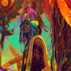 Colorful Native American in traditional attire with feather headdress in psychedelic forest.