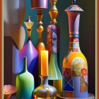 Vibrant still life painting with bottles, candles, berries, and leaves