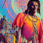 Native American man in traditional attire with dreamcatcher and totemic elements on vibrant background