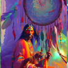 Native American chief with feather headdress and staff in sunset scene.