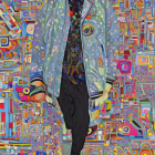 White-haired man in embroidered coat against psychedelic background