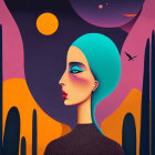 Colorful hair woman in abstract city skyline digital art