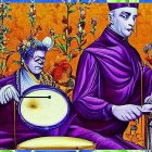 Stylized Greek figures in purple robes with floral backdrop and drum set