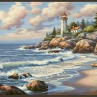 Coastal scene with lighthouse on rocky cliff, ocean waves, warm sky