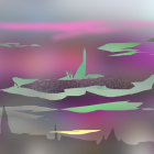 Futuristic cityscape with flying vehicles and layered structures under pink and purple sky