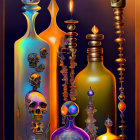 Ornate Vintage Bottles, Candleholder, and Apple on Dark Background