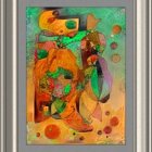 Abstract Cubist-Style Painting with Musical Instruments and Geometric Shapes in Silver Frame