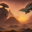 Sunset sci-fi landscape with alien spacecrafts above rocky terrain